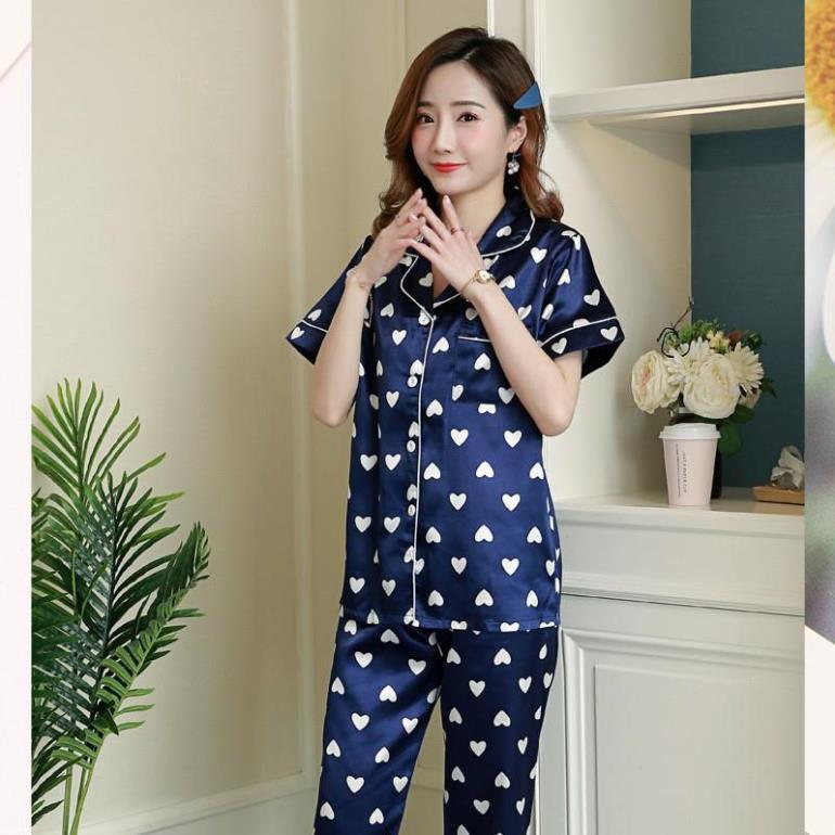 Đồ bộ dài nữ ️ ̀  ̂́ ️ Bộ Pijama lụa đẹp quyến rũ, áo ngắn tay, quần dài, dáng ngọt ngào B56A