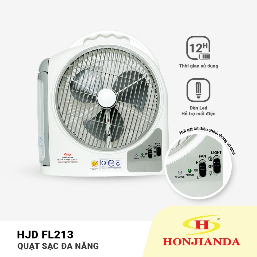 Quạt Sạc Tích Điện Dạng Hộp AC&amp;DC 10 inch Honjianda FL213 loại 2 bình có đèn LED - Hàng Chính Hãng