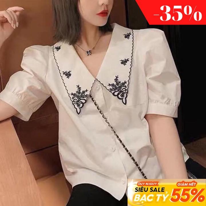 KÈM VIDEO Ao sơ mi nữ trắng cổ thêu hoa tay phong