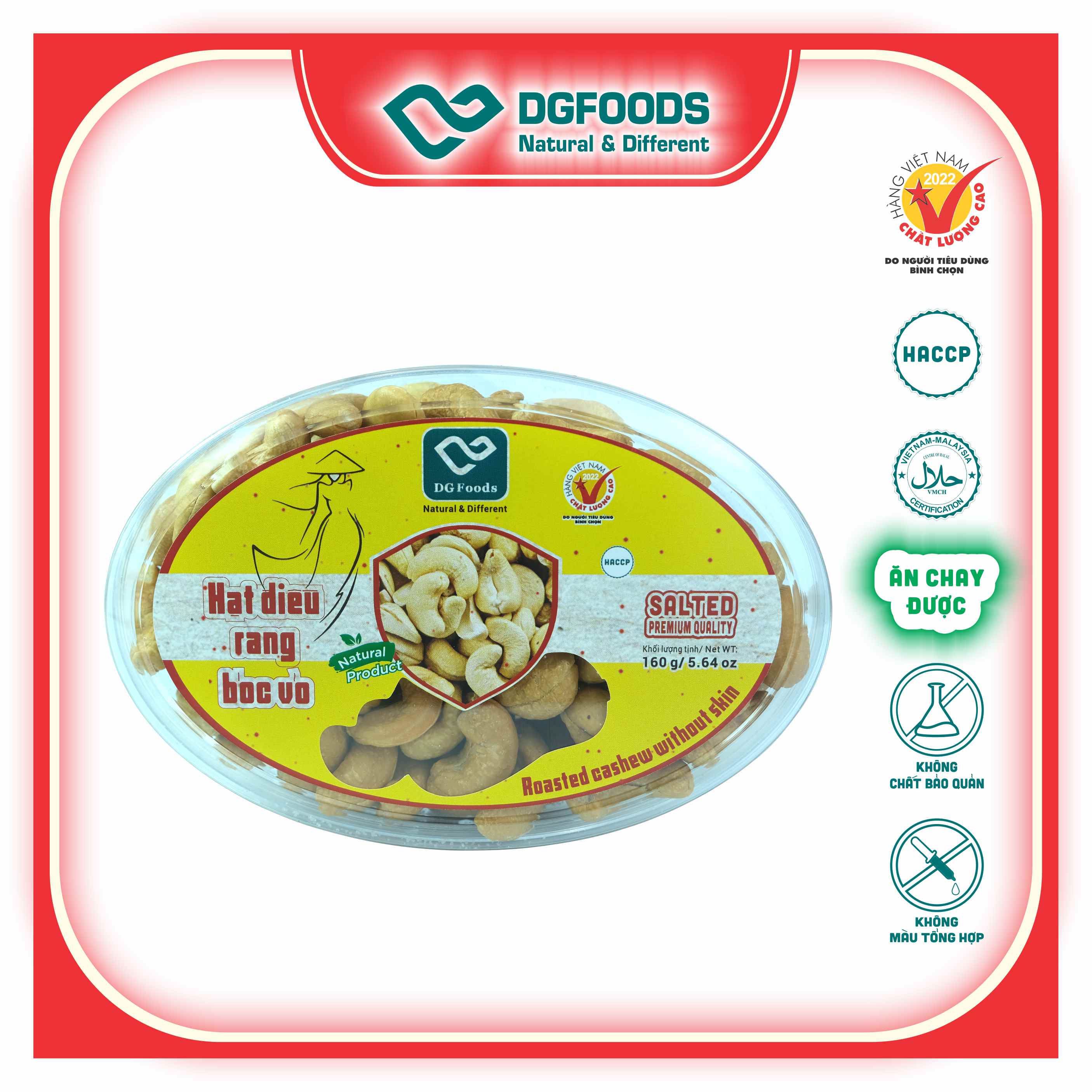 Hạt Điều Rang bóc vỏ Dgfoods 160g/hộp Oval, HVNCLC, Haccp, Halal, Ăn chay, Ăn kiêng, Đặc sản Cần Thơ, hạt điều Bình Phước, hạt dinh dưỡng, quà Tết, hàng Tết, quà tặng, quà tặng cao cấp