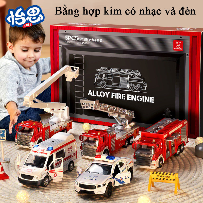 Hộp quà đồ chơi xe cảnh sát xe cứu hoả, cứu thương bằng hợp kim có nhạc và đèn gồm 5 chiếc