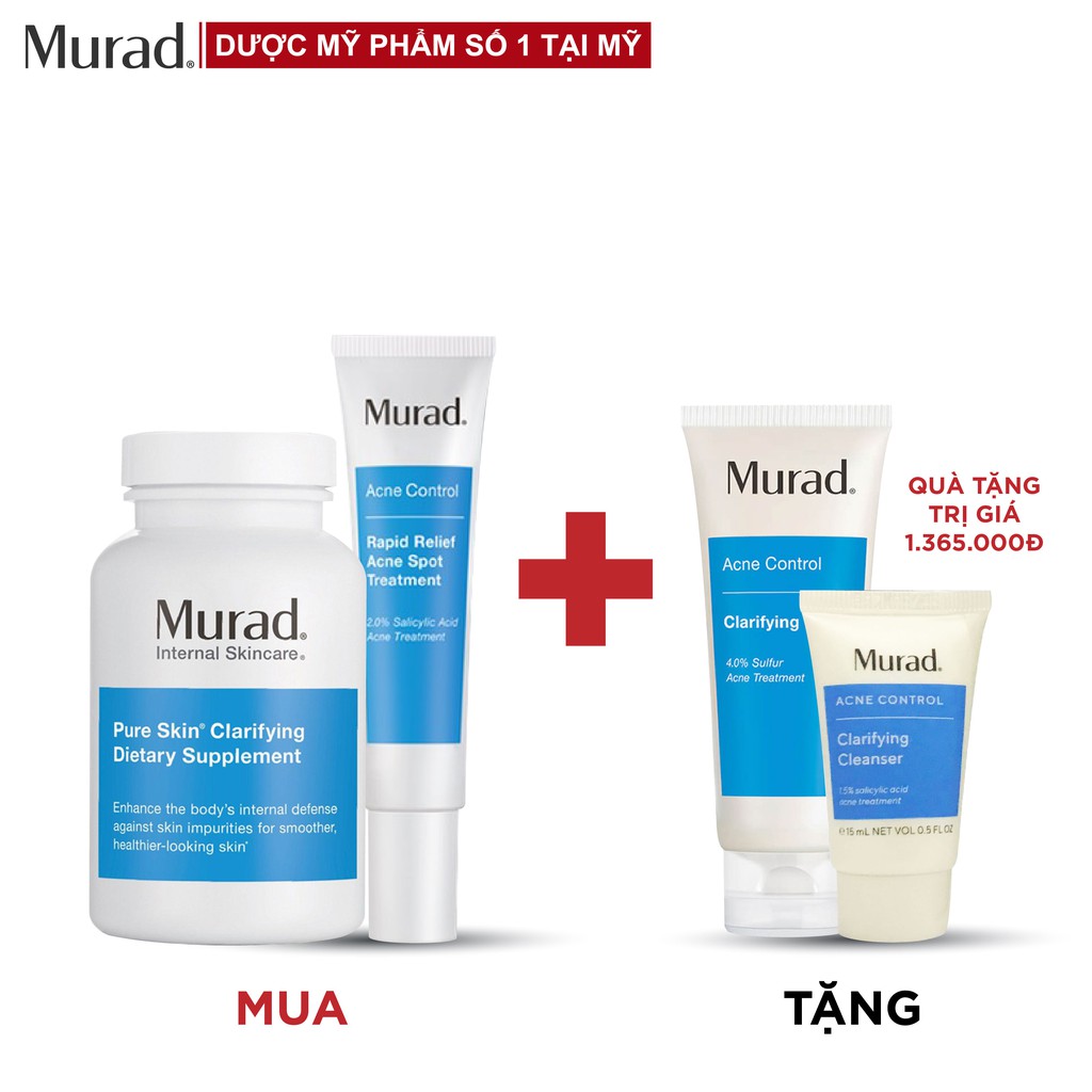 Bộ sản phẩm Murad Acne: Viên uống mụn Pure Skin + Gel Rapid Relief Acne 15ml TẶNG Clarifying Mask 75gr + Cleanser 15ml