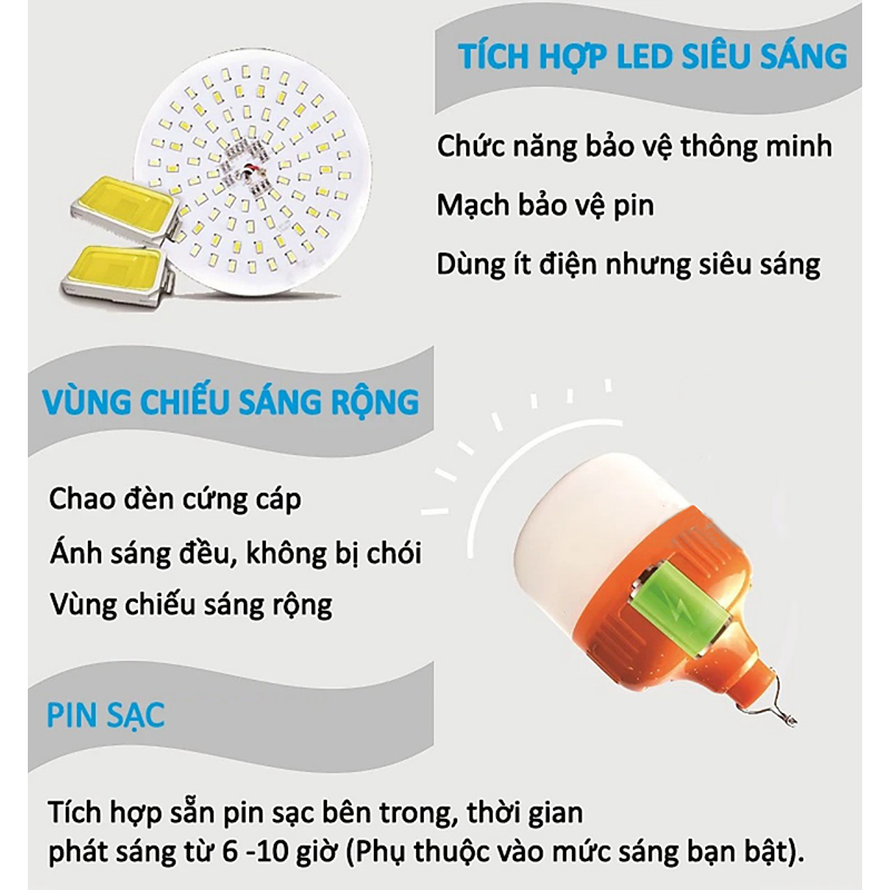 Bóng đèn tích điện 100W 150W  sạc pin qua cổng usb ánh sáng Led sáng liên tục từ 6-8h chịu nắng mưa