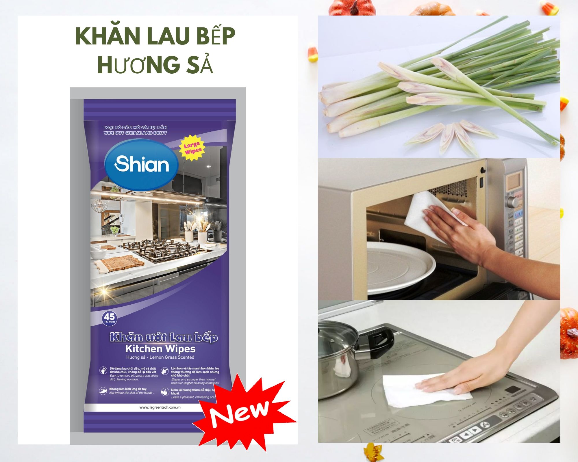 Khăn ướt lau bếp đa năng SHIAN Hương Sả Cao Cấp, đánh bay dầu mỡ nhanh chóng, dịu nhẹ với da tay - Gói Lớn 45 tờ