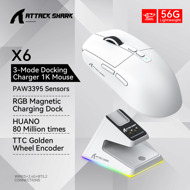 Chuột không dây ATTACK SHARK X6 kết nối 3 chế độ sử dụng mắt đọc PAW3395 kèm theo đế sạc nam châm đèn led RGB - Hàng Chính Hãng