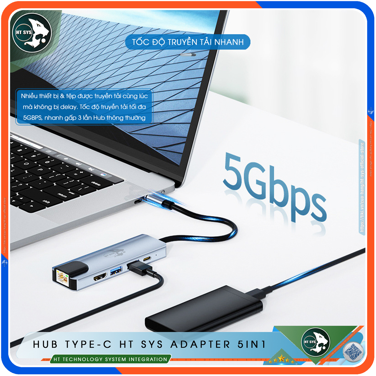 Hub Type C HT SYS 5in1 - Hub Chuyển Đổi USB Type-C To HDMI Chuẩn HDTV - Cổng Mạng Lan / HDMI 4K / USB 3.0 / Sạc Nhanh Type C PD - Kết Nối Nhiều Thiết Bị Với Tốc Độ Cao - Dành Cho MacBook / Tivi / Laptop / PC / Máy Tính Bảng / Smartphone – Hàng Chính Hãng