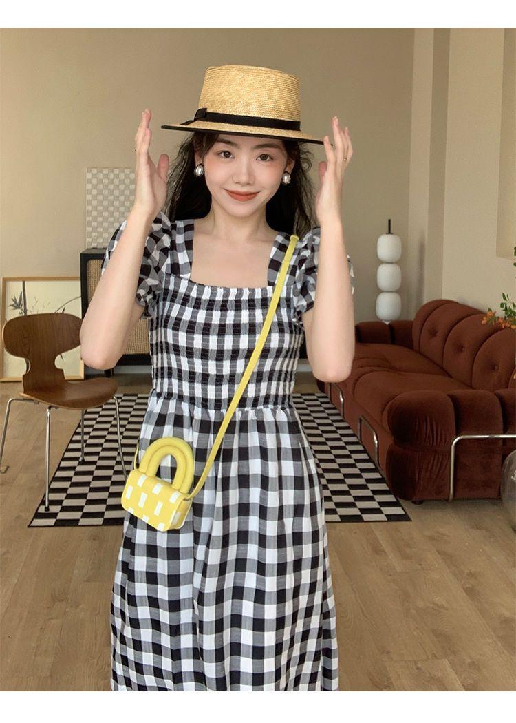 TOBE1SHOP Thanh lịch Port Wind Vintage kẻ sọc ăn vuông cổ thắt lưng sọc đi lại khí chất ngọt ngào bong bóng tay áo váy
