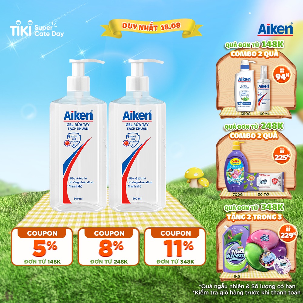 Aiken Combo 2 Gel Rửa Tay Sạch Khuẩn 500ml/chai dạng vòi