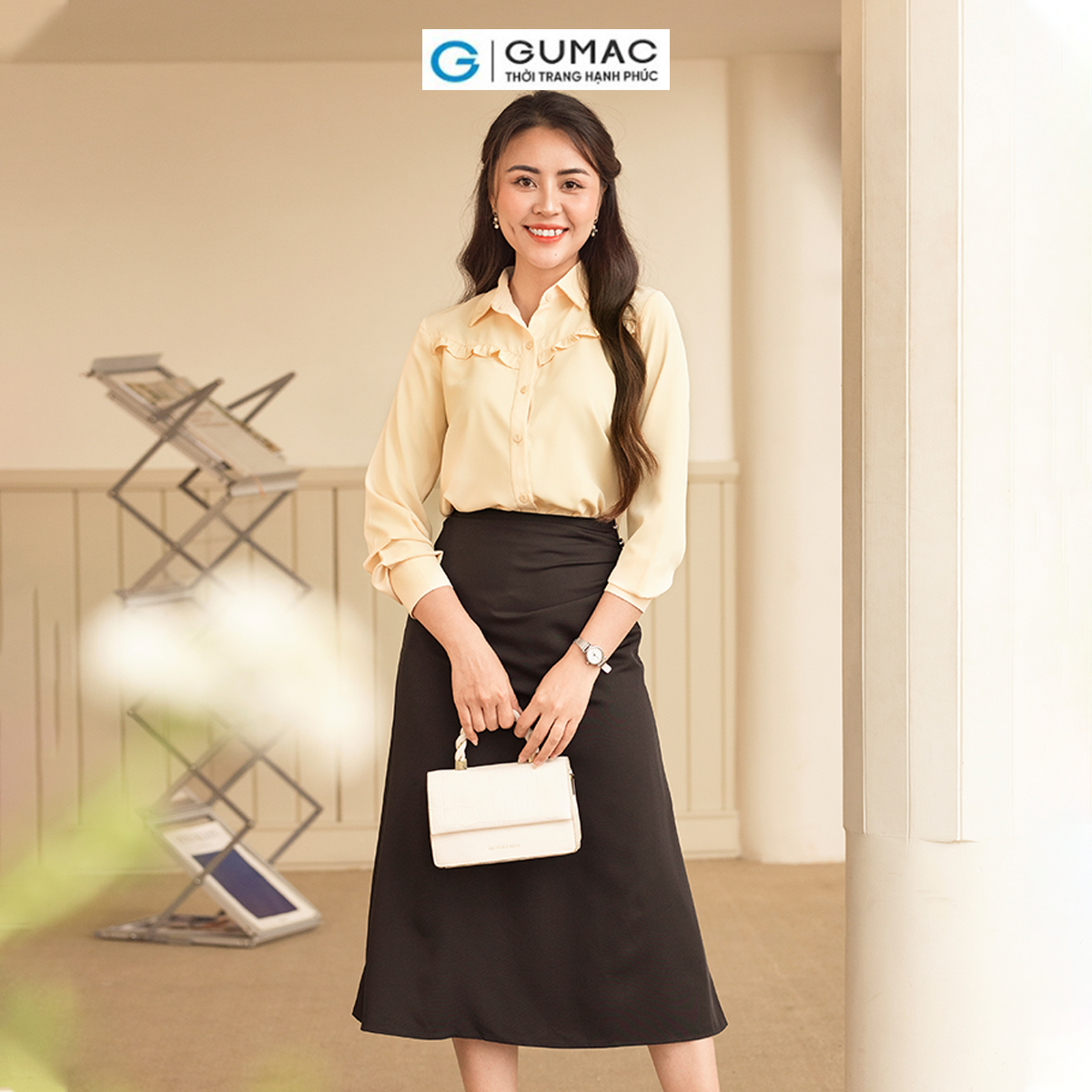 Áo sơ mi nữ tay dài phối bèo tạo kiểu nữ tính thanh lịch thời trang GUMAC AD06010