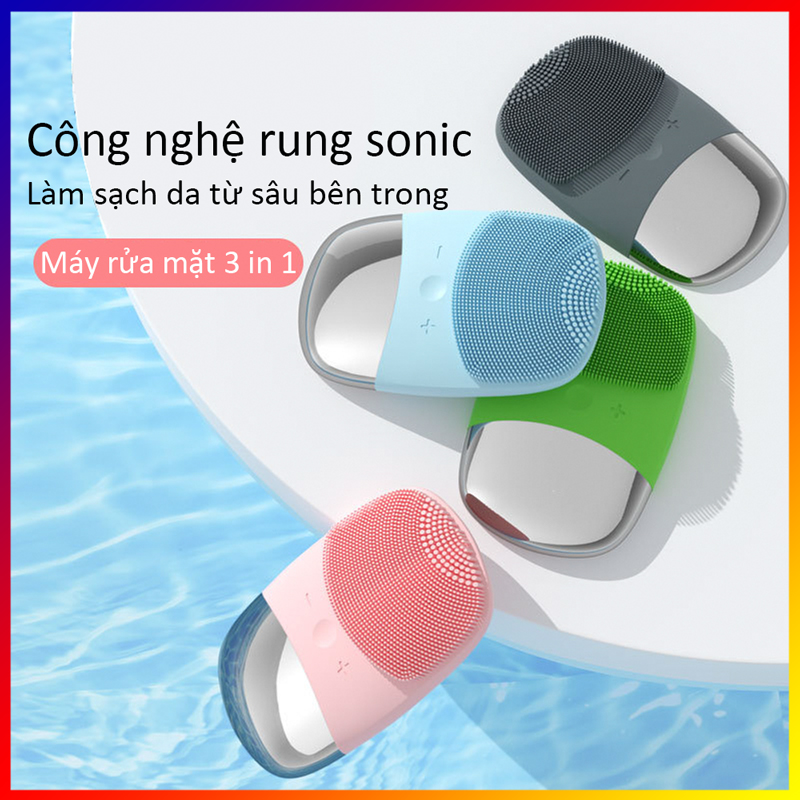 Máy rửa mặt sóng âm cầm tay 3 trong 1 BOORUI 03 : Rung 5 cấp độ hỗ trợ massage, đẩy tinh chất, làm sạch sâu và trẻ hóa làn da - Chất liệu silicone an toàn, kháng nước IPX7