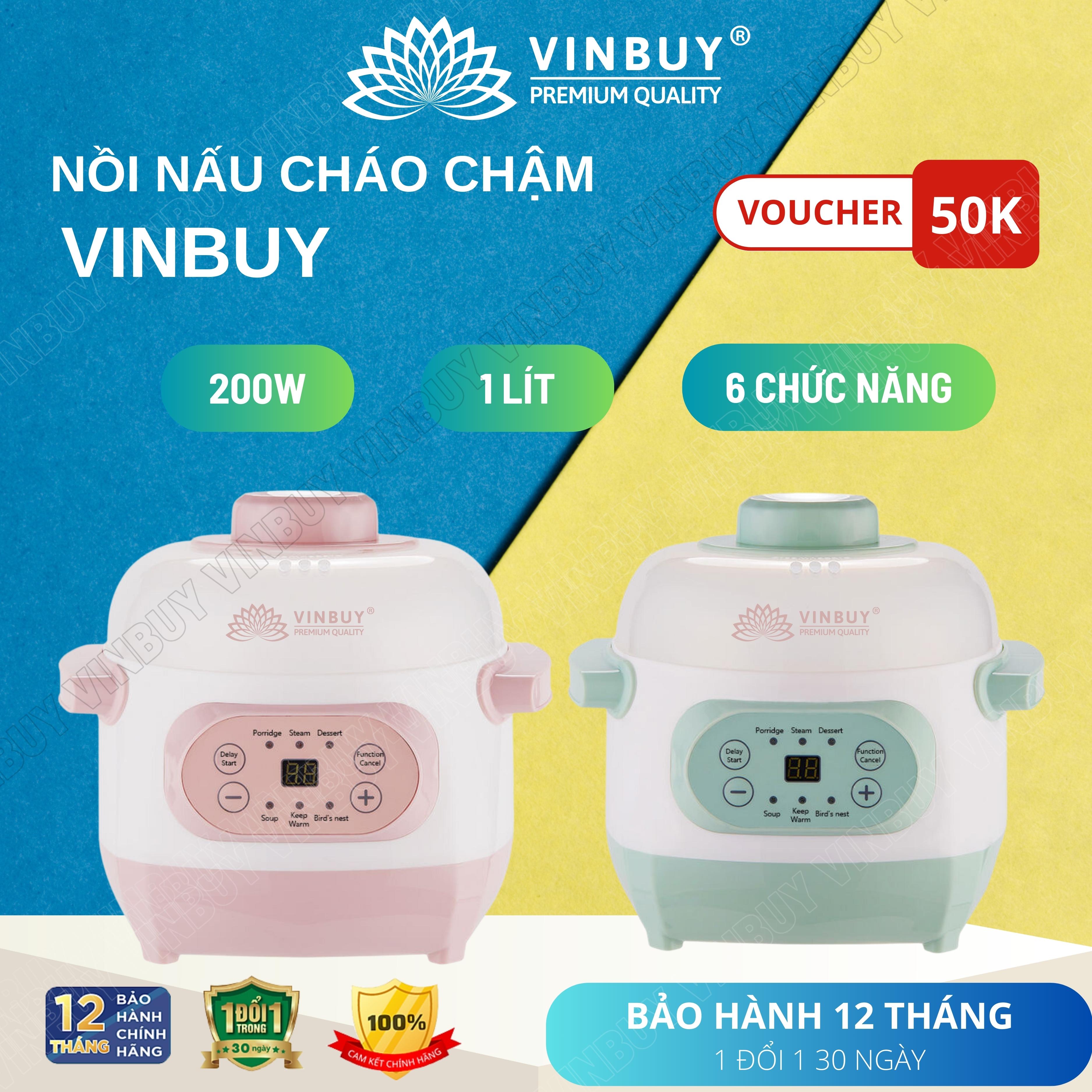 Nồi nấu cháo chậm VINBUY cho bé ăn dặm, nồi chưng yến, nồi tiềm thuốc bắc, nồi nấu chậm, dung tích 1 lít, công suất 200w - Hàng chính hãng