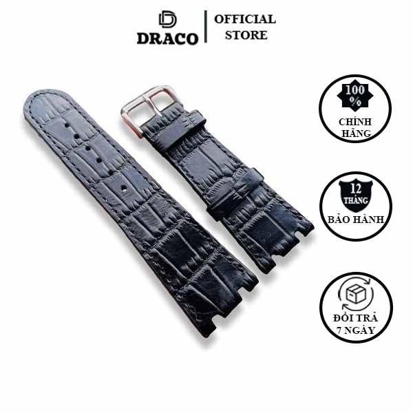 Dây da đòng hồ Draco DDDH05 màu đen - size 25 nam chấy liệu da bò thật cao cấp dập vân cá sấu