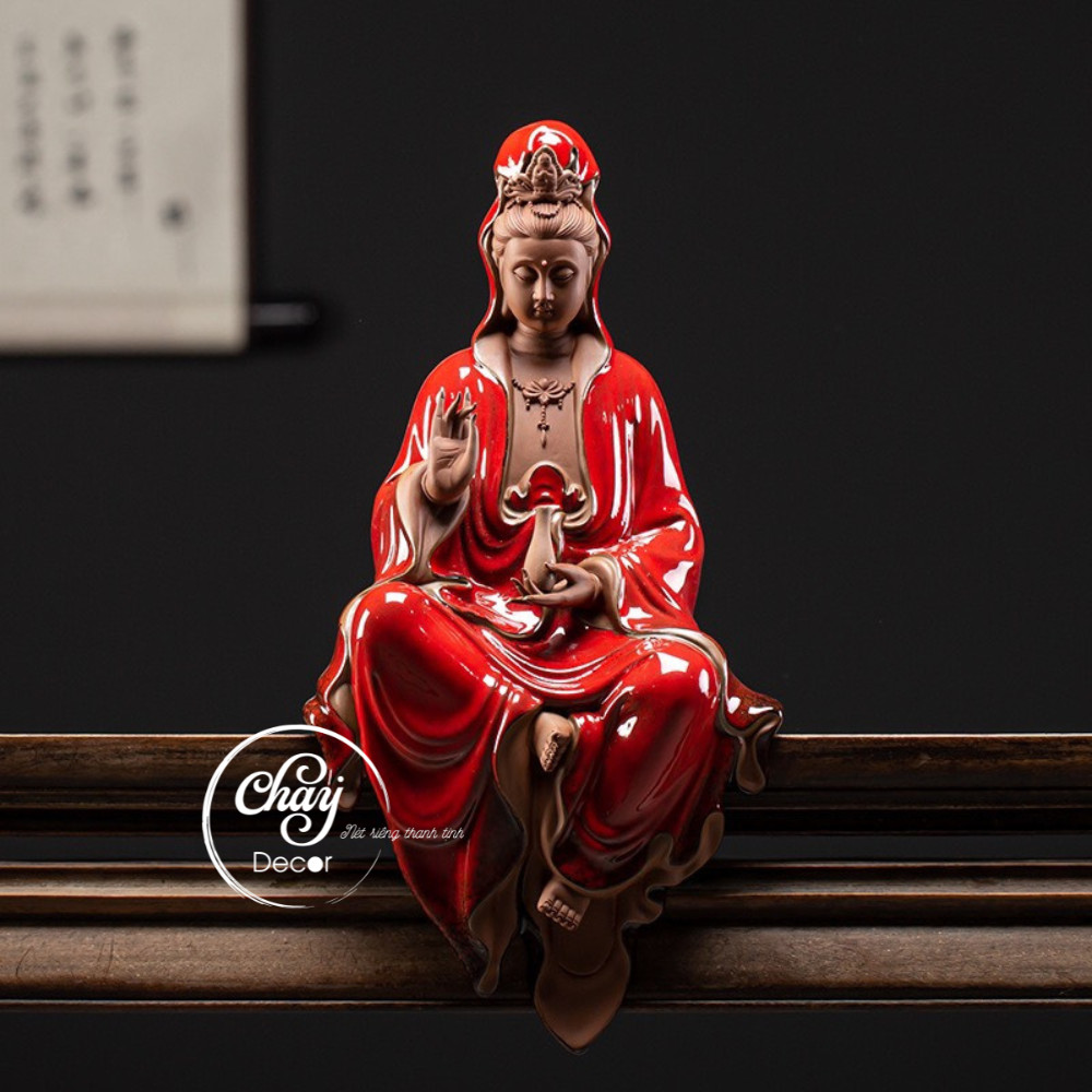 Tượng Phật Bà Quan Âm, Tượng Mẹ Quan Âm Bồ Tát Cầm Bông Sen Kèm Đèn Led Trang Trí Bằng Gốm Tử Sa