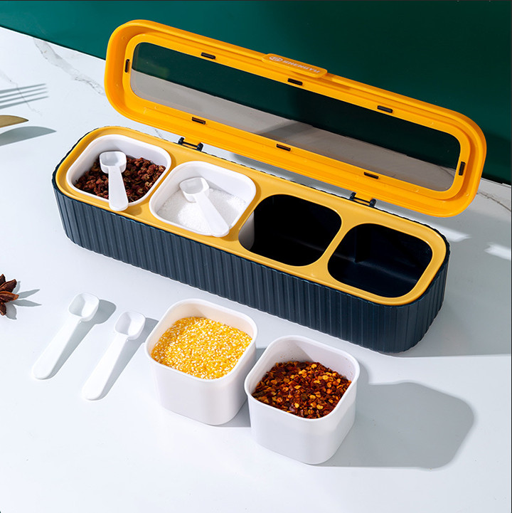 Hộp đựng gia vị 4 ngăn cao cấp, nắp trong suốt, chân chống trượt, chống bám bụi, dầu mỡ Bắc Âu 27cm