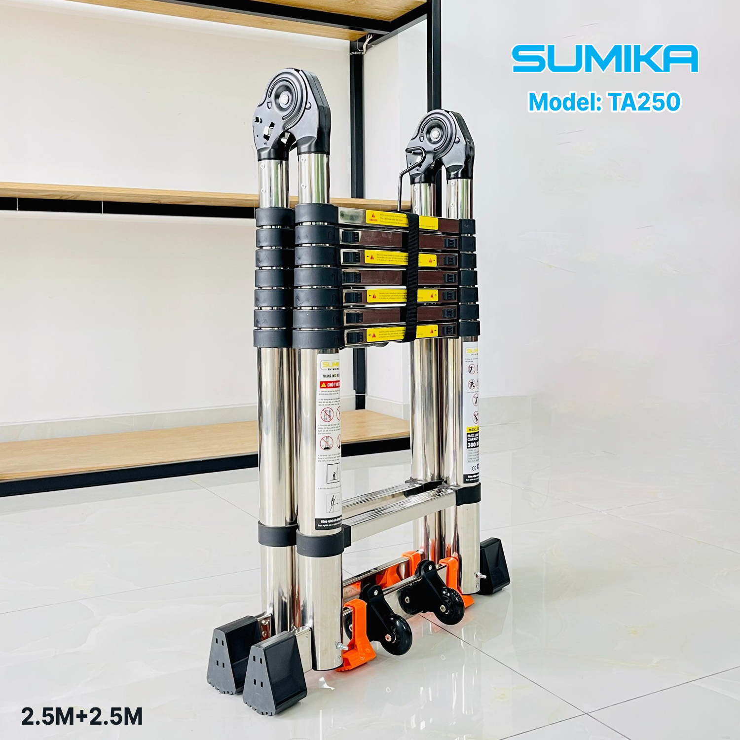 Thang Inox rút đôi SUMIKA TA250 - rút chữ A cao 2.5m, rút chữ I cao 5.0m, tải trọng 300kg