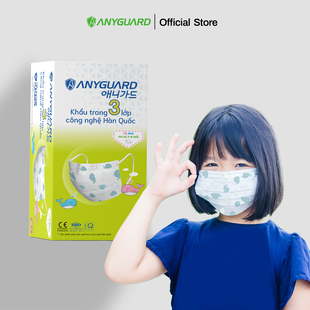 Khẩu Trang Trẻ Em Anyguard Hàn Quốc 3 Lớp Chính Hãng (Cho Bé Dưới 7 Tuổi - Hộp 50 Chiếc)-베이비 마스크 - Face Mask For Kids Under 7 yearsold-ISO 9001:2015, ISO 13485:2016, QCVN 01:2017/BTC