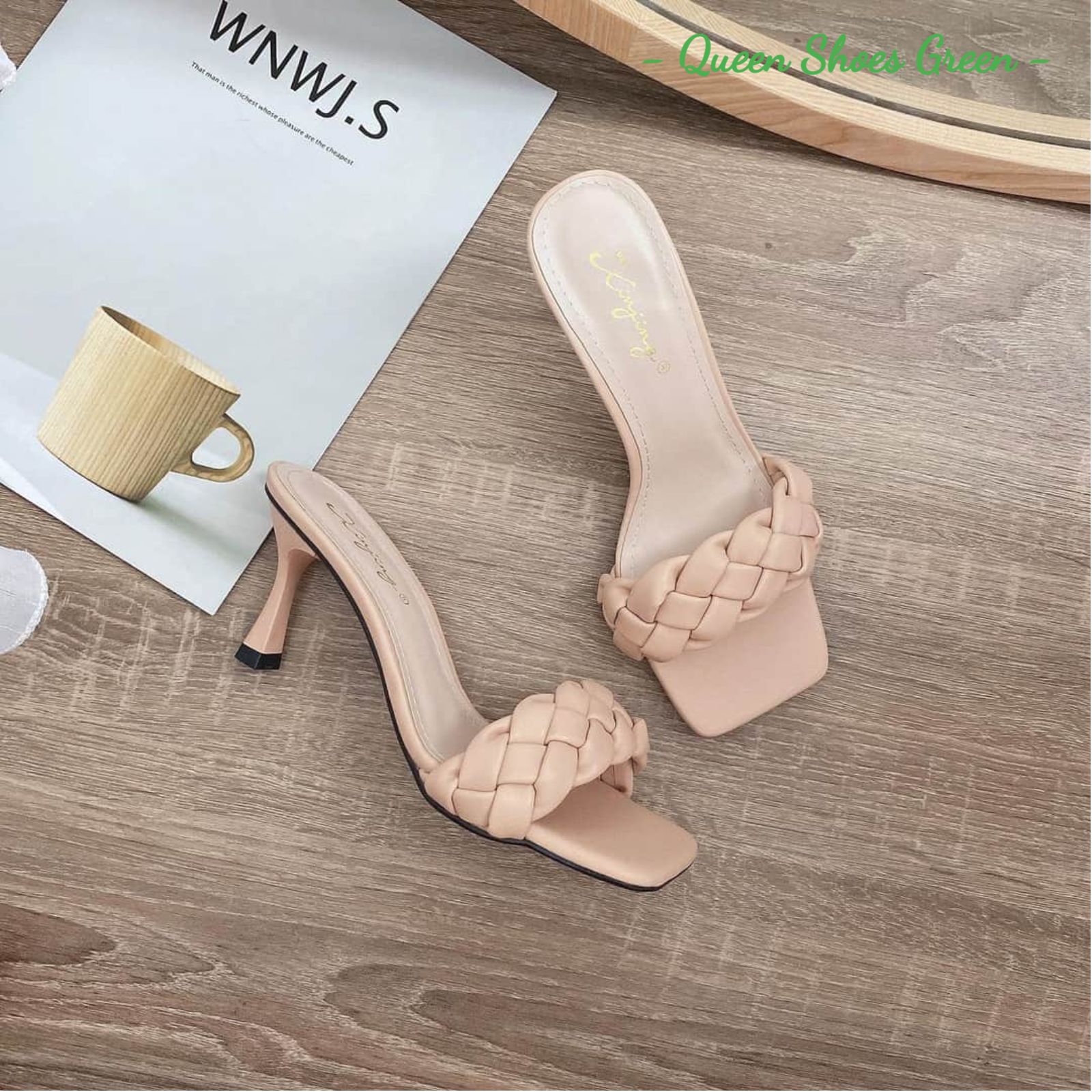 Giày cao gót nữ gót nhọn 7 phân quai tết đan phồng, dép sandal quai tết lót da êm ái kiểu dáng thời trang size 35 đến 39