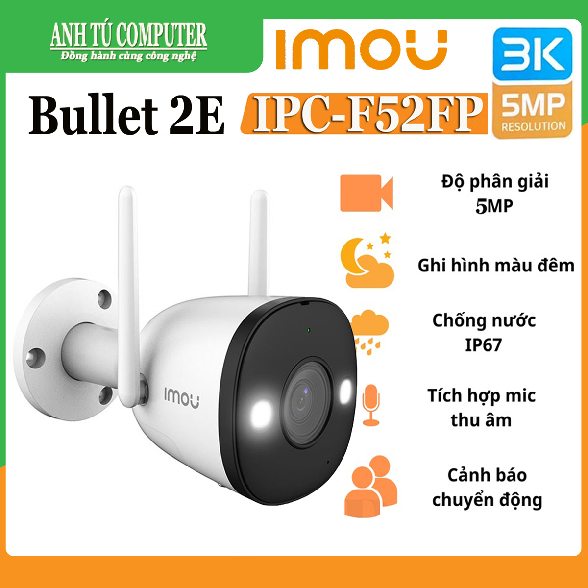 Camera IP Wifi 5MP 3K ngoài trời IMOU BULLET 2E F52FP hàng chính hãng