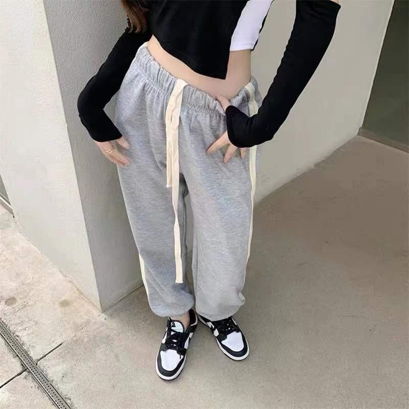 -Quần thể thao nữ cao cấp mùa đông có dây rút đơn giản lưng chun phối sọc bên