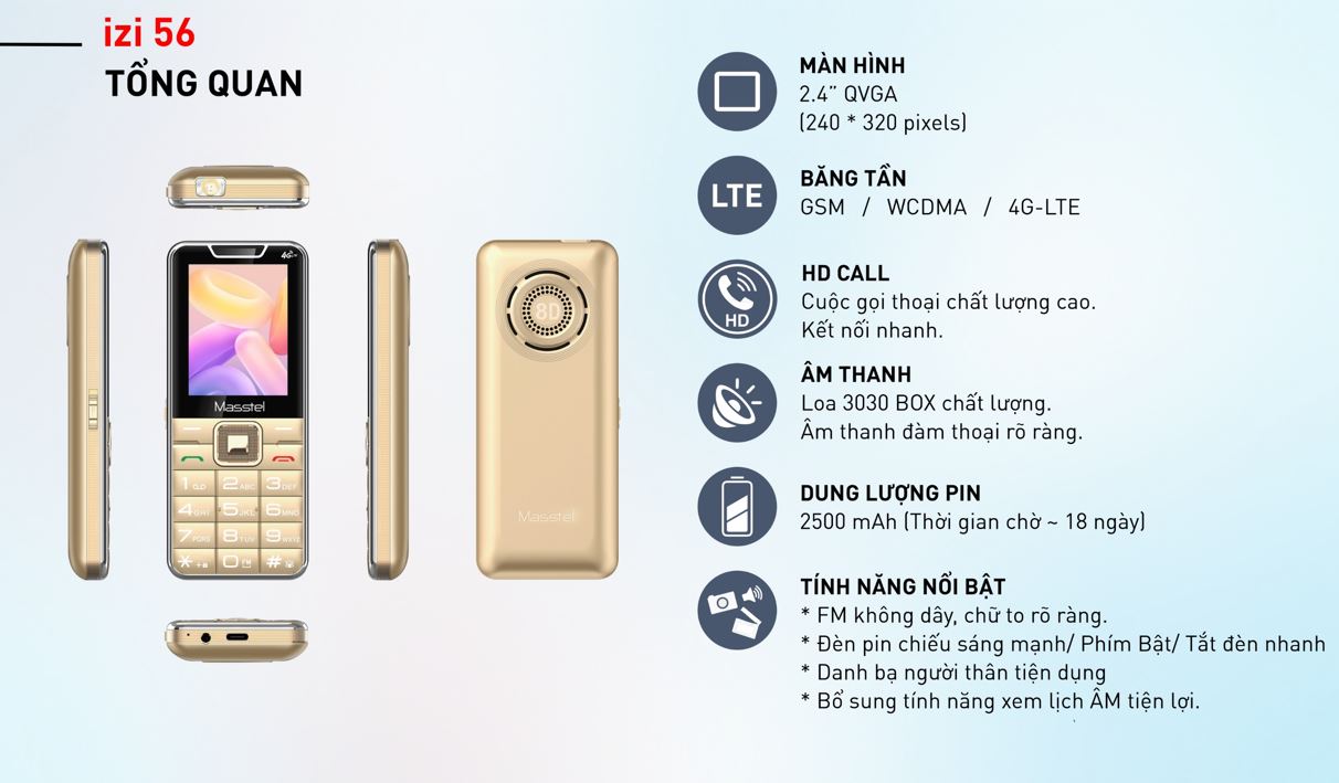 Điện thoại Masstel izi 56 4G (pin trâu-loa chữ to rõ) - Hàng Chính Hãng