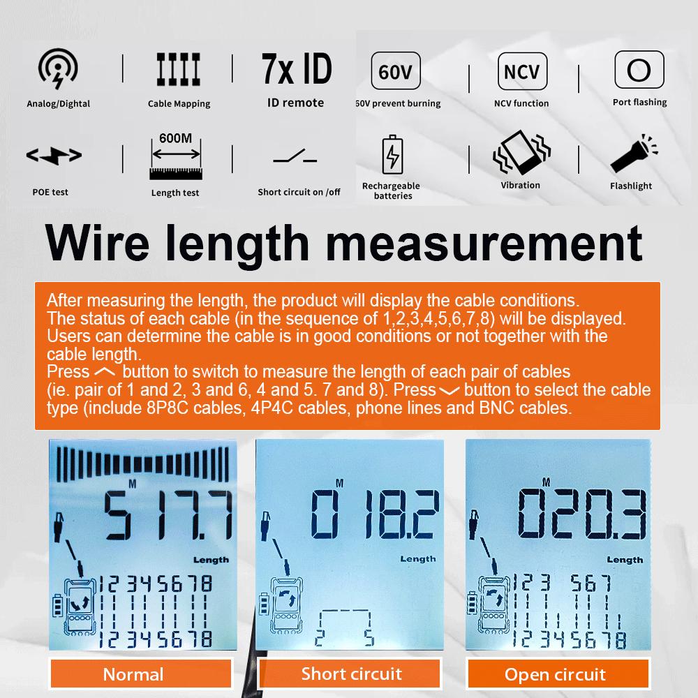 Handheld Portable 2in1 Network Cable Tester Multimeter LCD Display with Backlight Analogs Digital Search POE Test Cable Pairing Sensitivity Adjustable Network Cable Length Short Open Circuit Measure Trackers Multifunctional Cable Tester