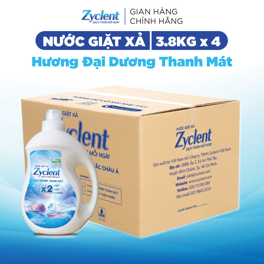 Thùng Nước Giặt Xả Zyclent Superior Hương Đại Dương Thanh Mát (3.8kg x 4 can)