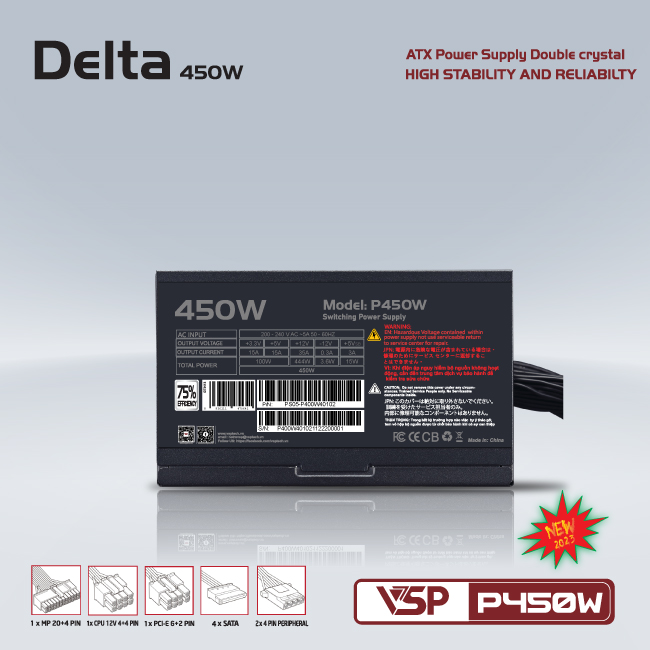 Bộ nguồn máy tính VSP DELTA P450W (450W) công suất thực - Hàng chính hãng