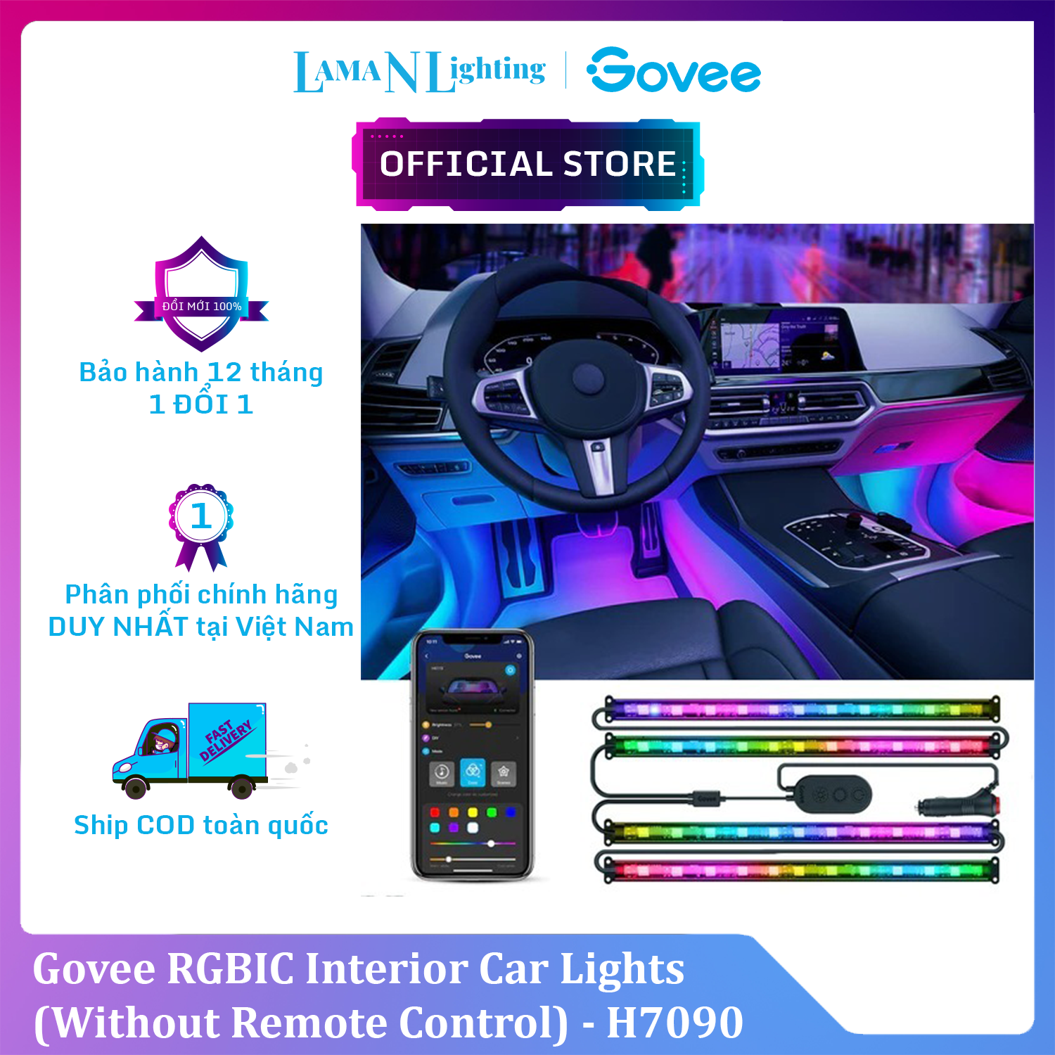 Đèn LED trong xe ô tô Govee RGBIC Interior Car Lights H7090 | Kháng nước, bền bỉ, cảm biến nhạc, tùy chỉnh màu sắc