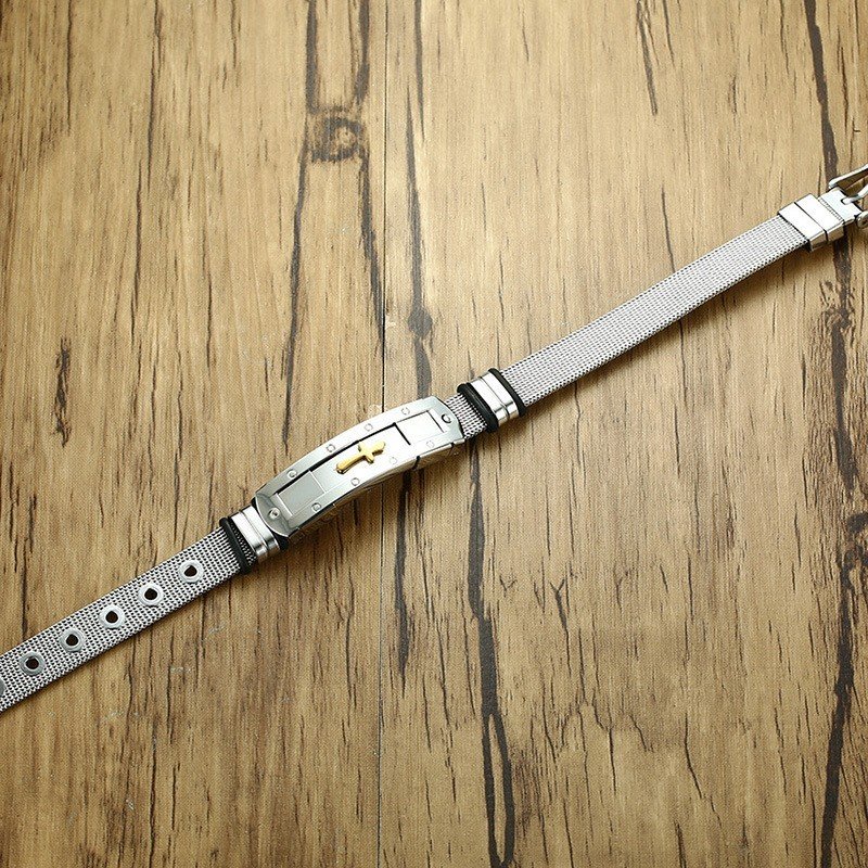 Lắc tay - vòng tay nam inox mặt chữ nhật dấu thập vàng VI23