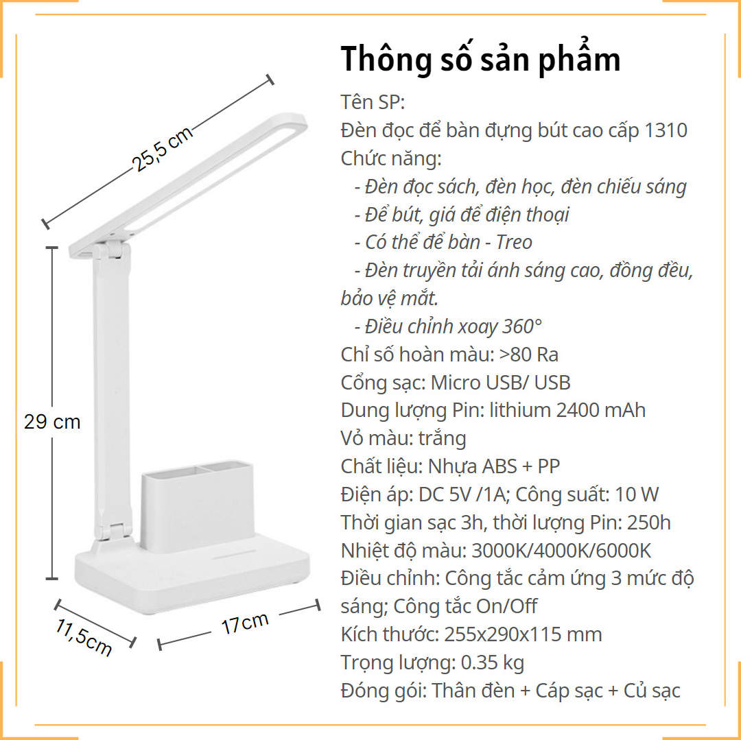 Đèn Học để bàn Đựng bút cao cấp Pin sạc 2400mAh 3 nhiệt độ màu Làm mờ vô cấp