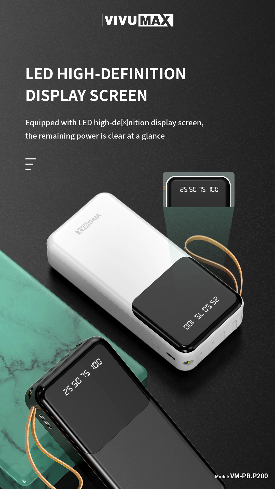 Pin sạc dự phòng Polymer 20.000mAh Vivumax P200 – Tích hợp 4 dây sạc, sạc nhanh 2.4A - Hàng Chính Hãng