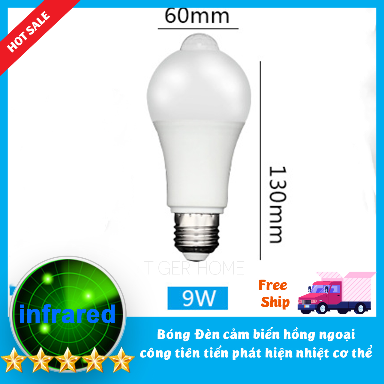 Bóng đèn led Cảm biển chuyển động Thân nhiệt Thiết kế cho thị trường VN Siêu Nhạy 9W, Siêu Tiết Kiệm Độ sáng cao