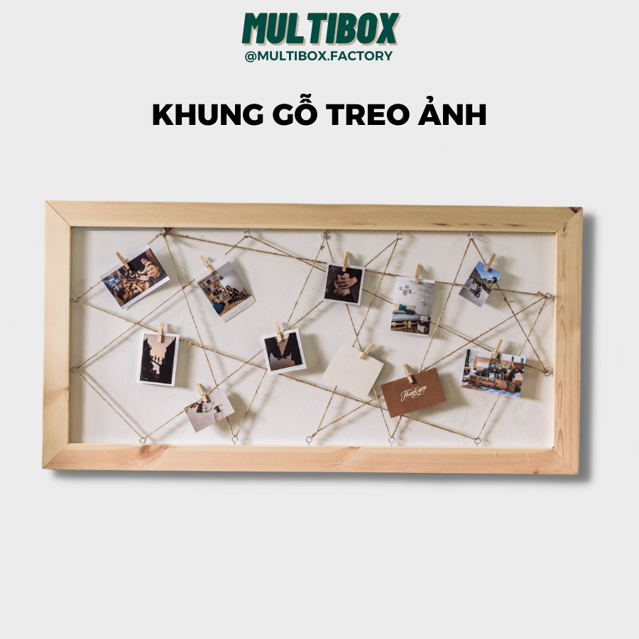 Khung Ảnh Gỗ Treo Tường MultiBox, Khung Lưới Trang Trí Hình Ảnh, Giấy Note Kèm Dây Thừng