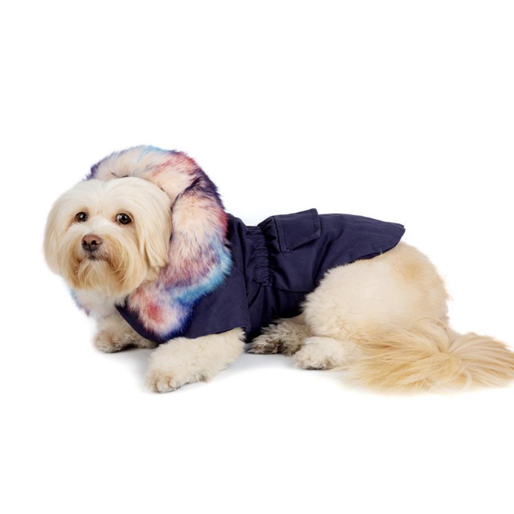 Fur Collar Dog Coat Winter Small Pet Dog Cat Jacket Clothes Dark Blue S