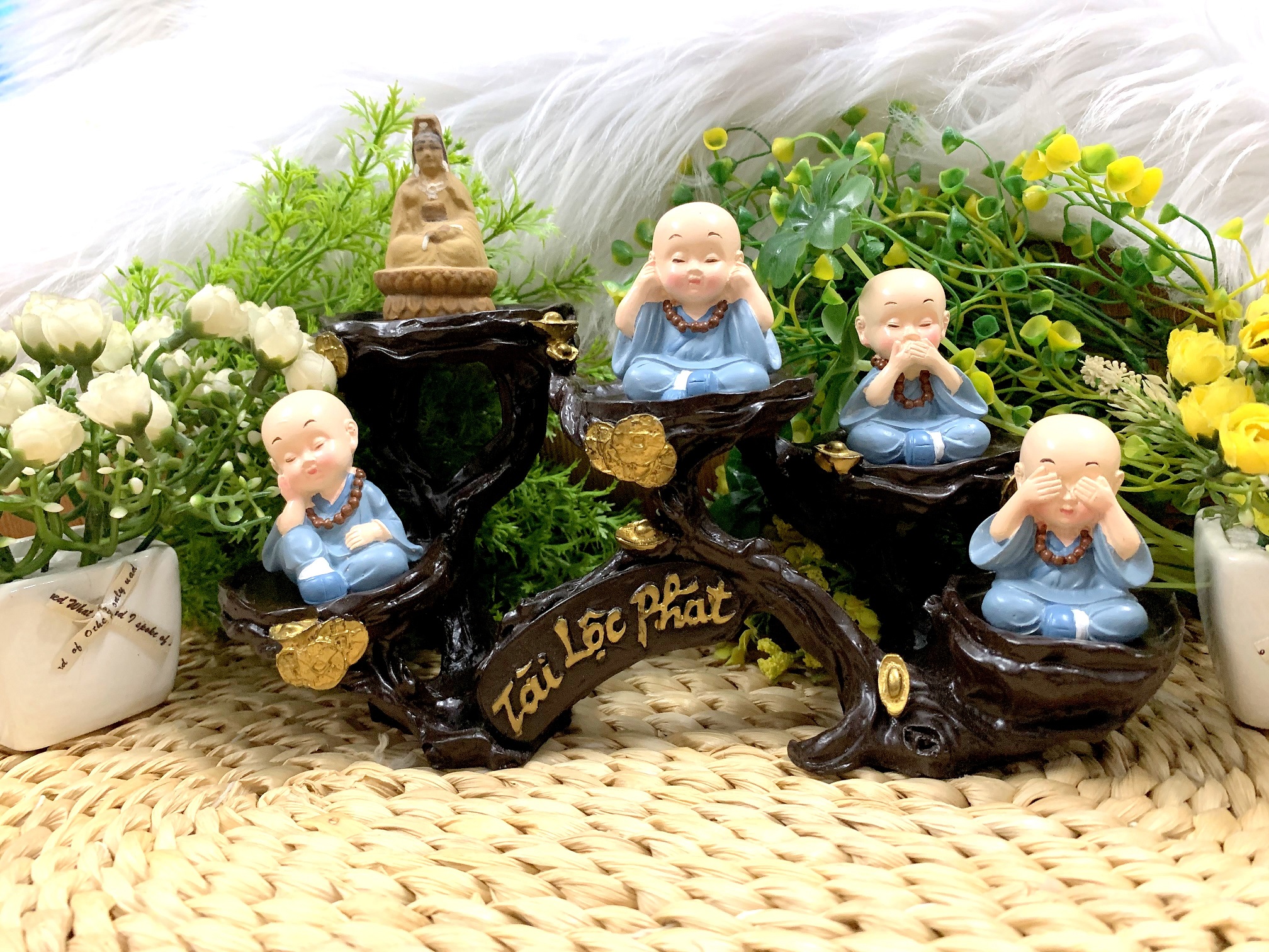 Full Set Quan Âm Bồ Tát và các Chú Tiểu tọa đế Tài Lộc Phát