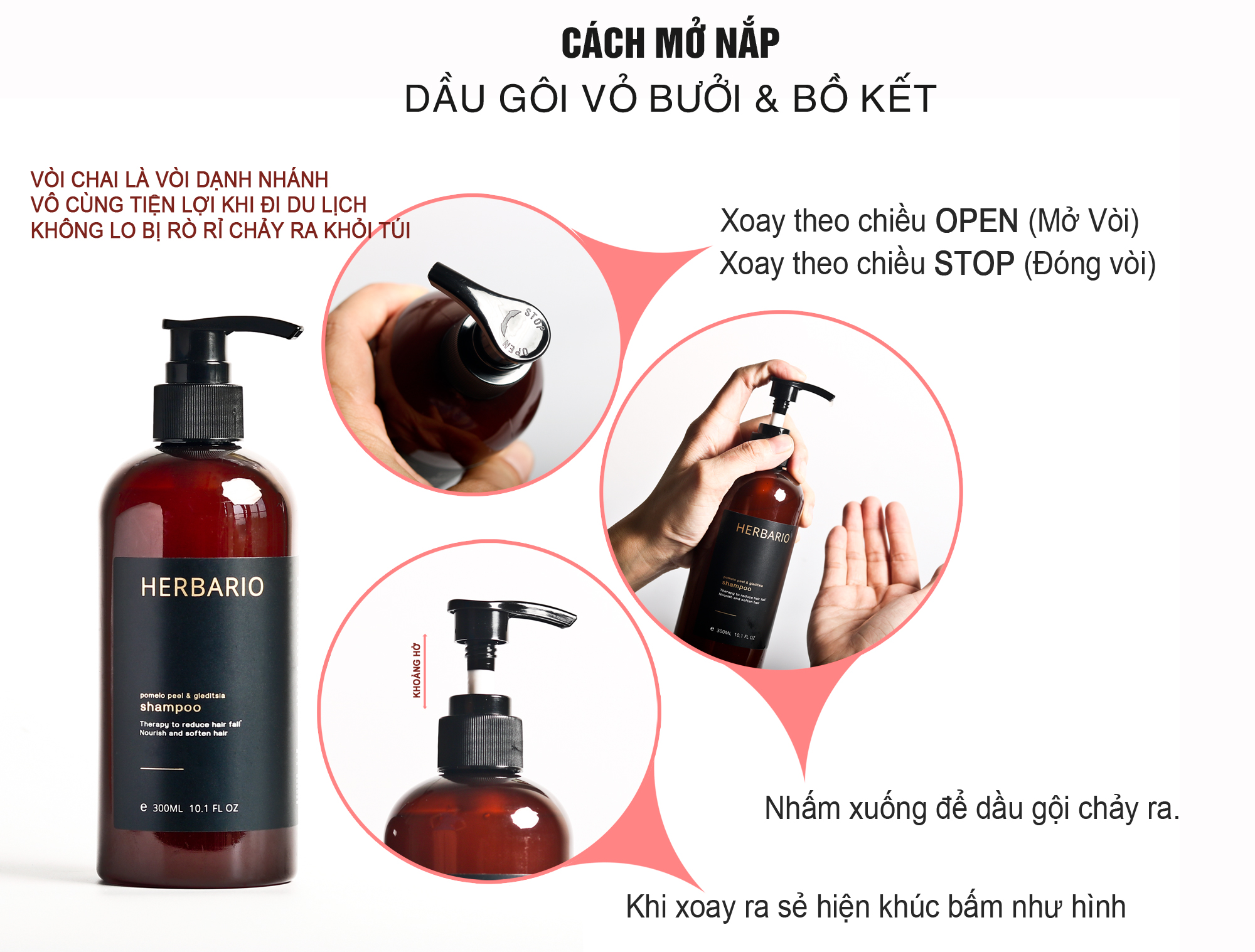 Dầu gội vỏ bưởi &amp; bồ kết Herbario thảo dược 300ml phục hồi tóc, giảm gãy rụng giúp khôi phục lại mái tóc chắc khỏe đẹp thuần chay