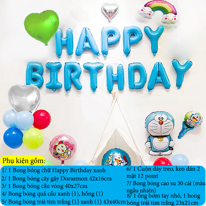 Bộ trang trí sinh nhật happy birthday doraemon - Sét bong bóng trang trí tiệc thôi nôi, đầy tháng cho trẻ