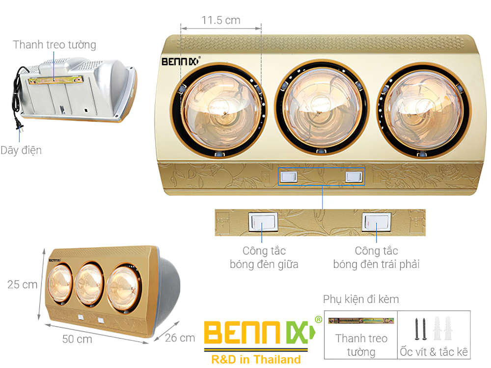 Đèn sưởi nhà tắm Bennix 3 bóng BN-3G - Hàng chính hãng