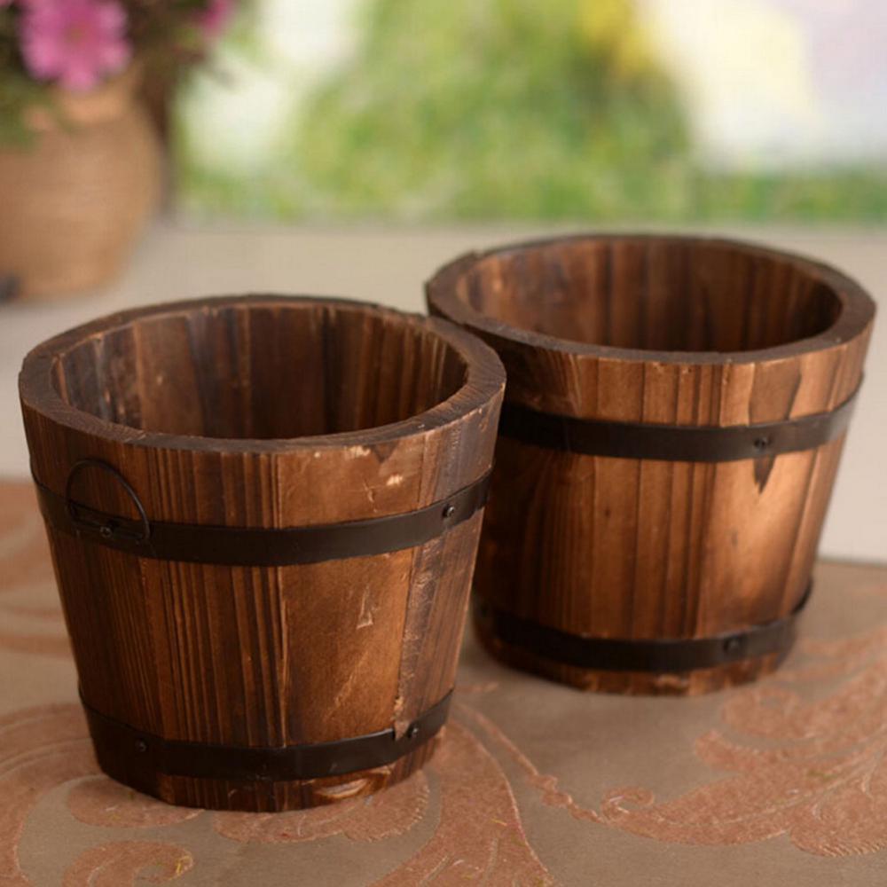 4 Piece Rustic Wooden Bucket Pot Bed Home Garden Yard Decor Art Ornament