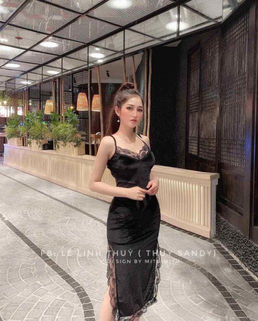 Đầm maxi 2 dây nhung viền ren