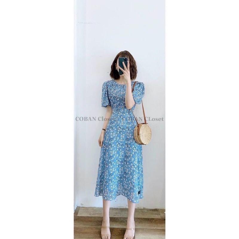 Đầm maxi hoa xanh ngực xếp li tay bo hàng loại 1