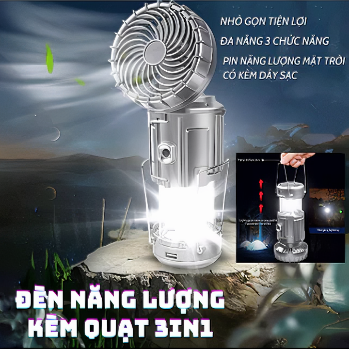 Đèn năng lượng mặt trời kèm quạt GSH9299 cầm tay sử dụng pin Lithium tiện dụng, tích điện 3 chức năng đèn pin, quạt và cổng đầu ra USB, chống nước đi cắm trại, dã ngoại - Hàng chính hãng