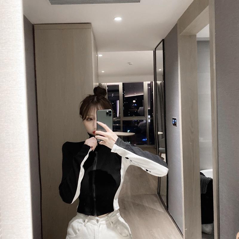 Áo Khoác Len Croptop Tay Dài, Màu Pha Co Dãn Phong Cách Hàn Quốc