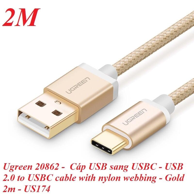 Ugreen UG20862US174TK 2M màu Vàng Dây USB 2.0 sang Type-C đầu nhôm dây bọc vinyl - HÀNG CHÍNH HÃNG