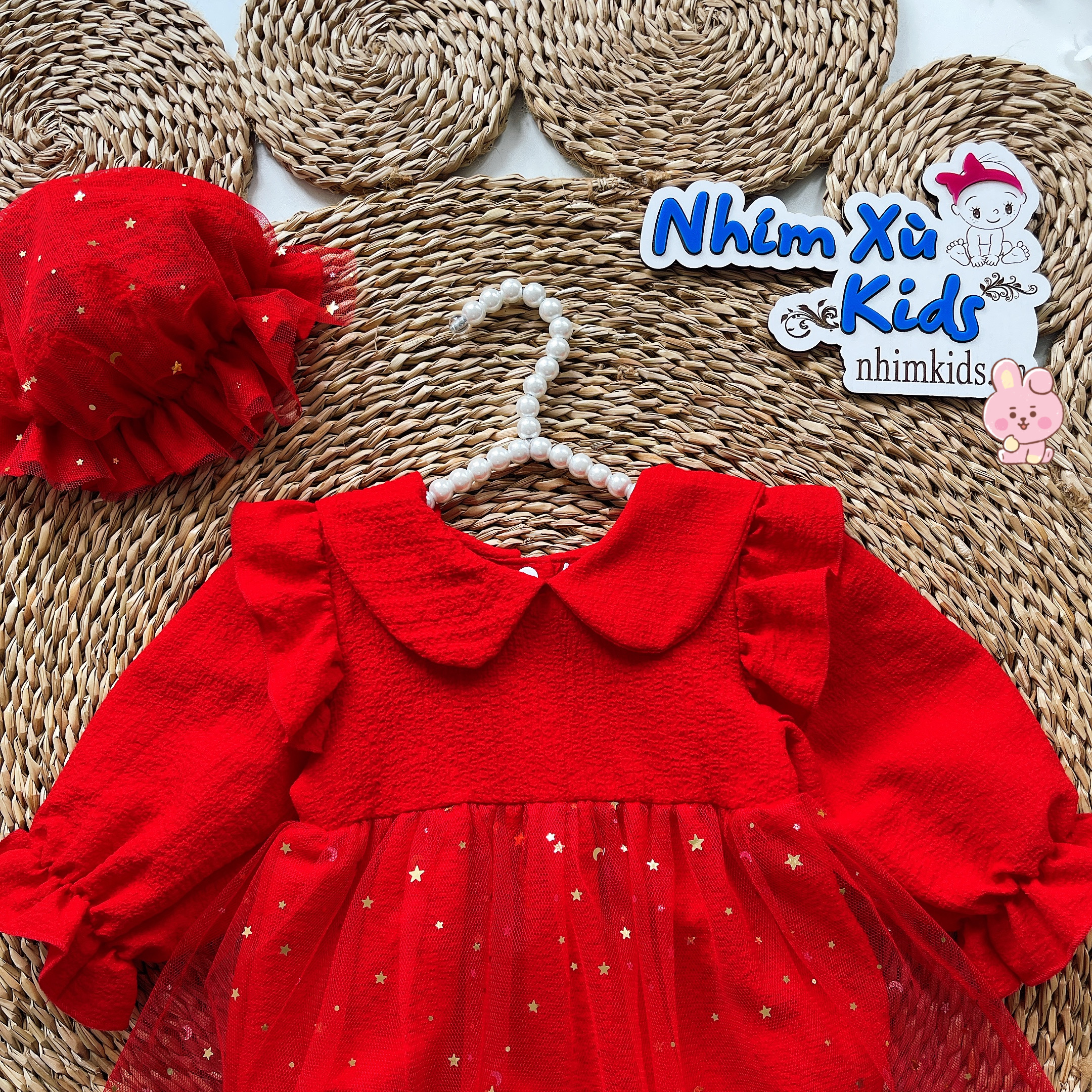 Body Váy Đỏ Nhũ Bé Gái 3 - 12kg Chất Cotton Xốp Hạt Phối Lưới Nhũ Mềm [B032