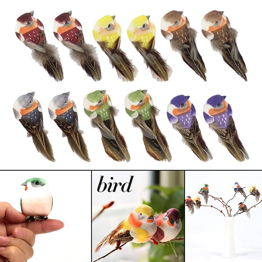 12Pcs Artificial Bird Perched Woodland Fake Feather Birds Garden Decor Claw