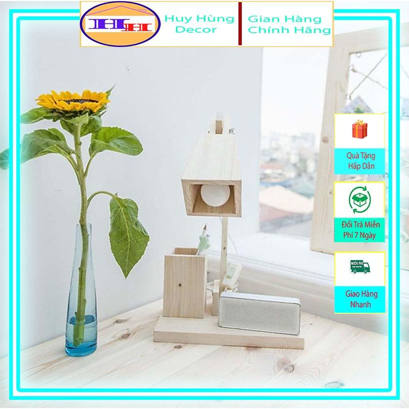 Đèn để bàn bằng gỗ thông - Combo đèn học + hộp bút