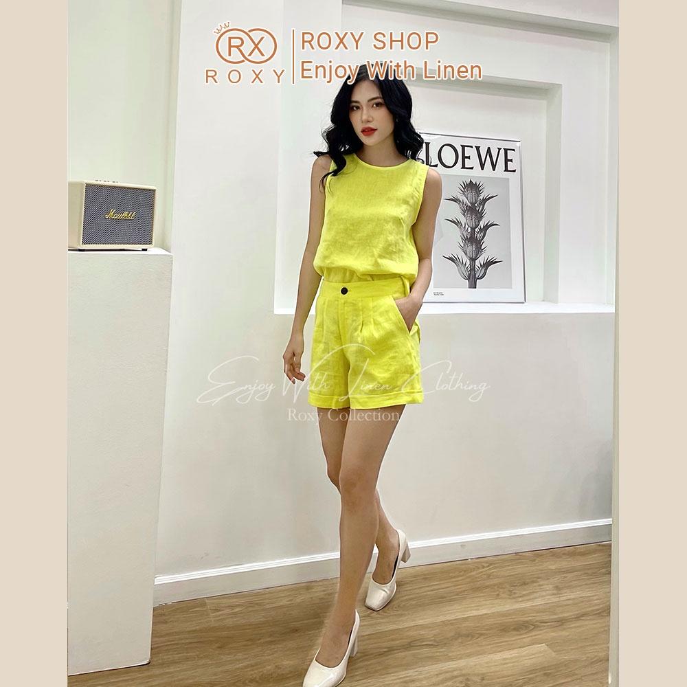 Set Bộ Đồ Nữ Linen Sát Nách Roxy, Dáng Yếm Nút Xẻ Sau Trẻ Trung Năng Động