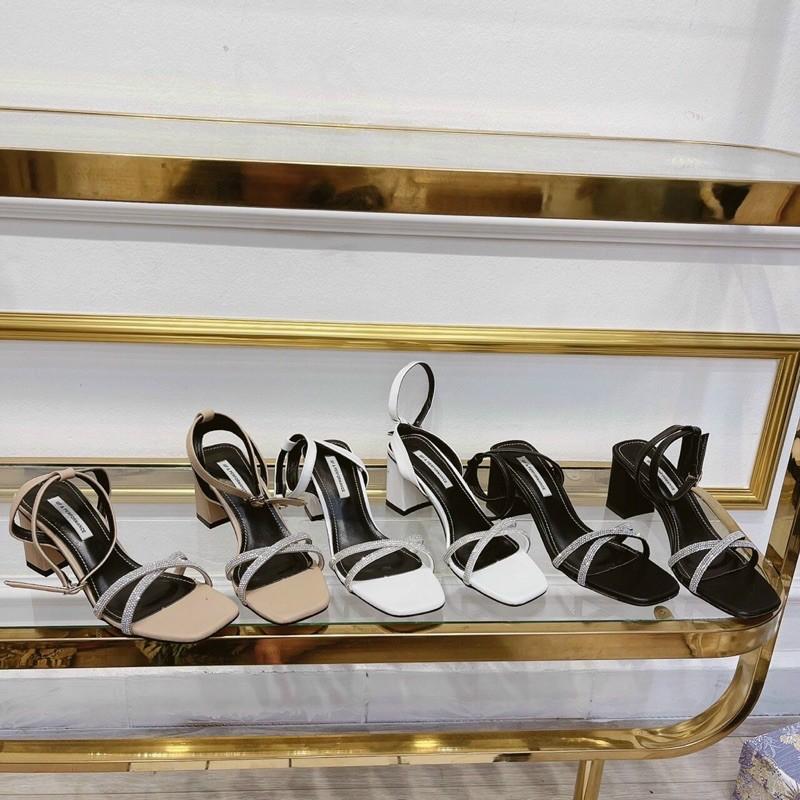 Sandal dây chéo đính đá gót vuông 7cm