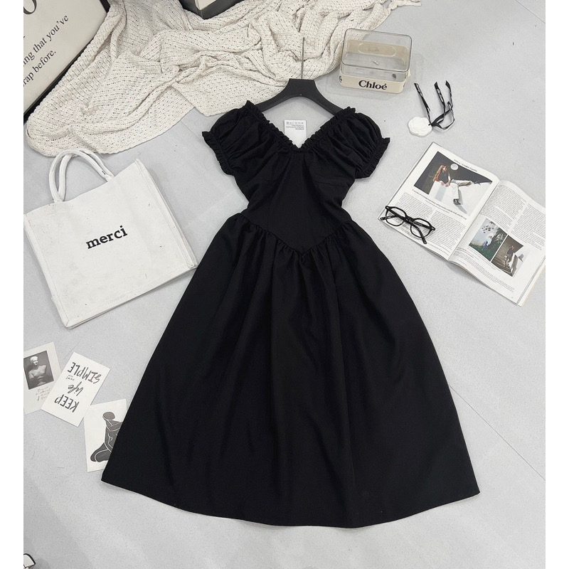 Đầm cổ v nhún vai dáng dài ulzzang